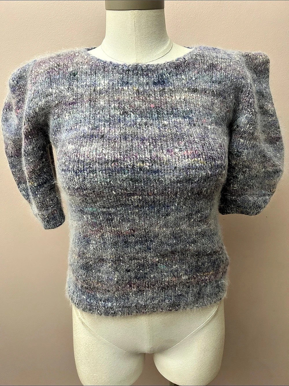 VTG Fuzzy Knit Puff Sleeve Sweater in Gray & Purple wool angora blend S